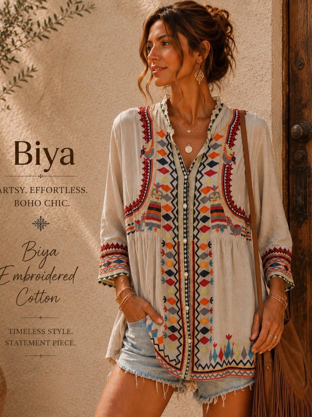 Biya Embroidered Cotton Tunic Top Grey Boho Bird XS Geometric Relaxed Casual
